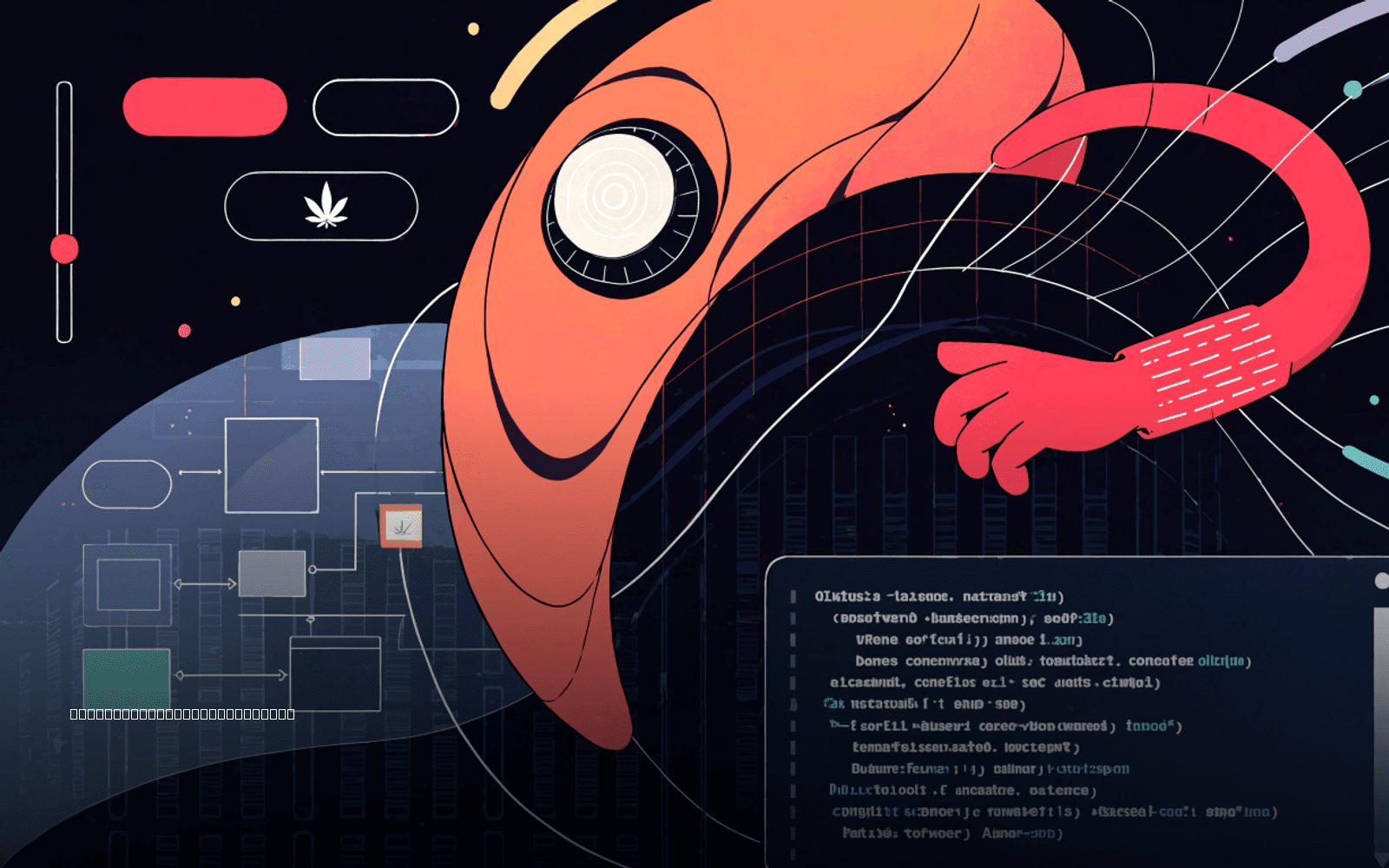 An abstract AI system analyzes software code and a secure digital network.