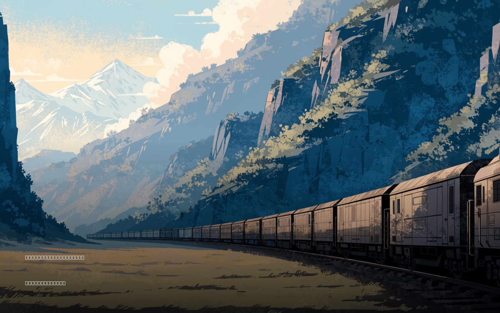Editorial illustration of a freight train crossing a mountain corridor, representing plans by Kazakhstan, Uzbekistan and the UAE to study a rail route through Afghanistan toward Pakistani ports.