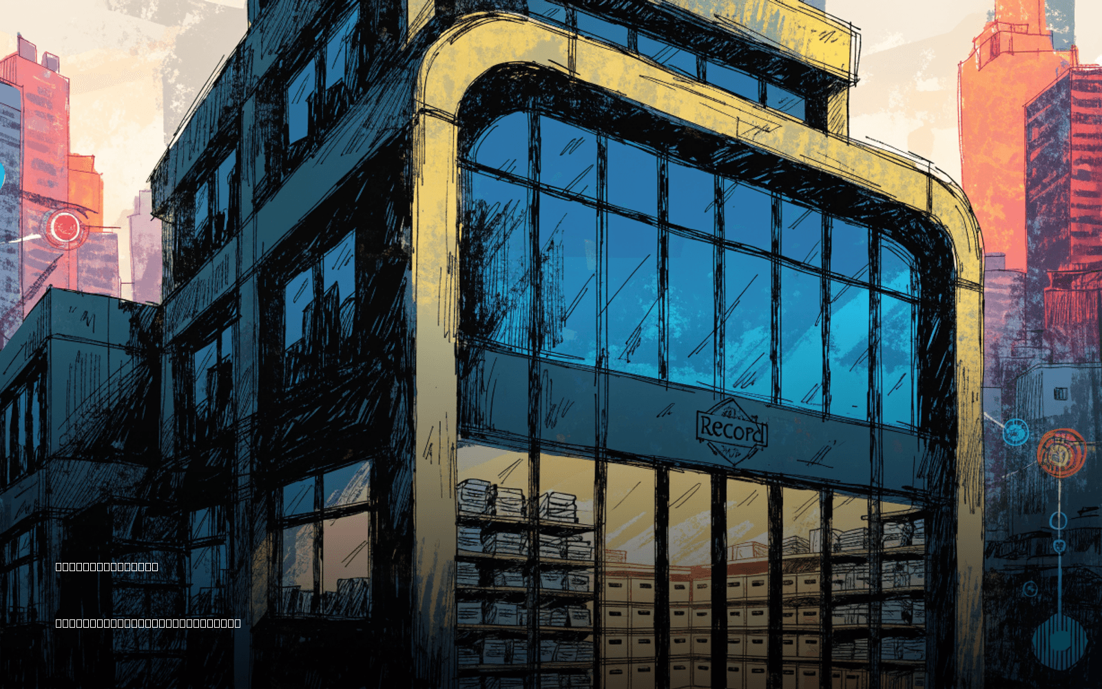 Editorial illustration of abstract digital agents near the closed entrance of a government archive building.