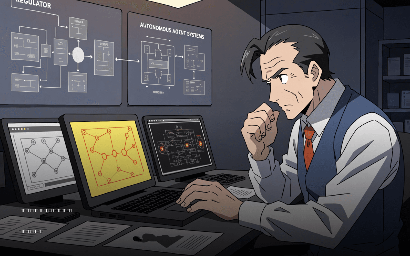 Editorial illustration of a regulator reviewing consumer risks from AI developers and autonomous agents.