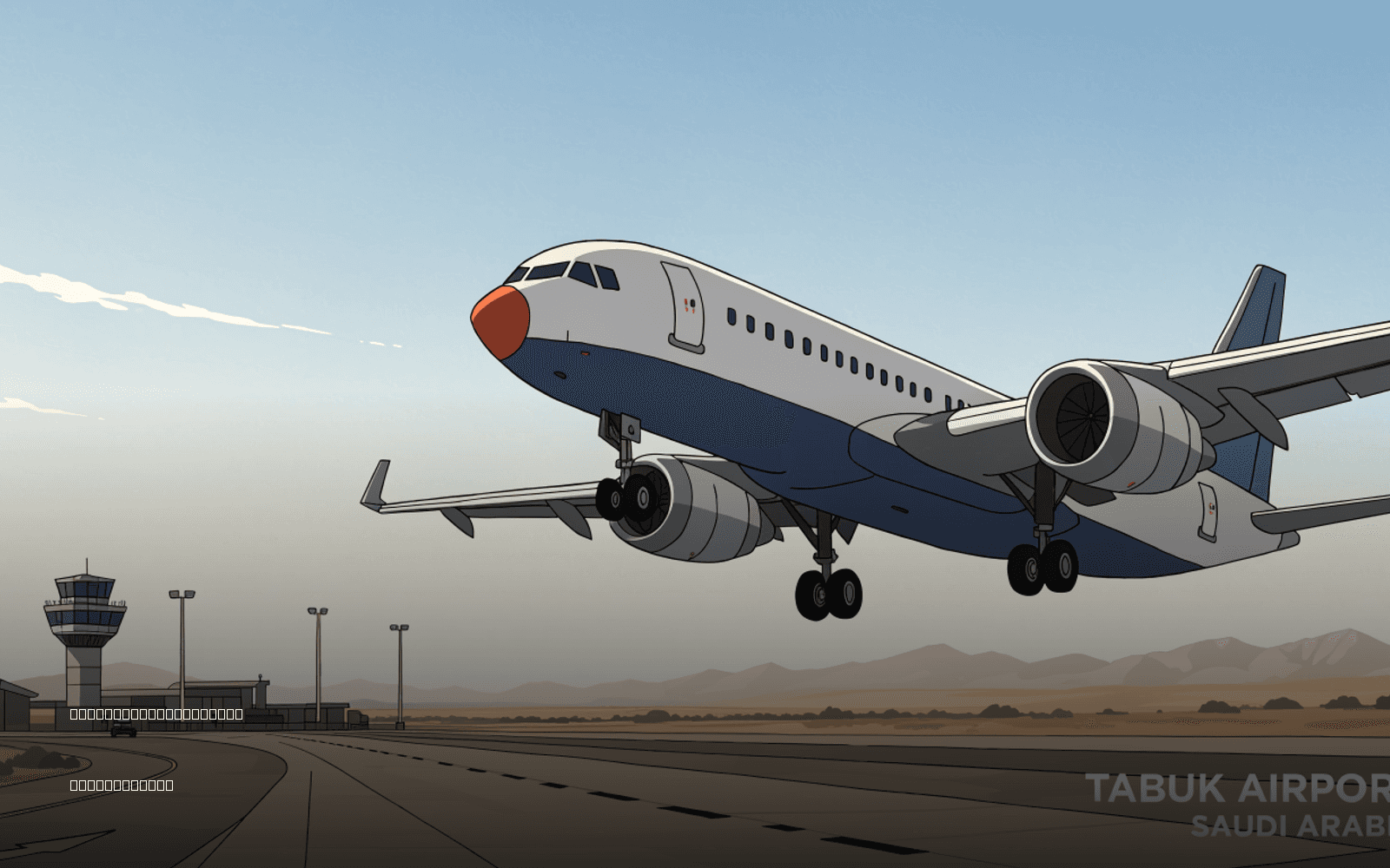 A passenger jet lands at an airport in Tabuk, Saudi Arabia.